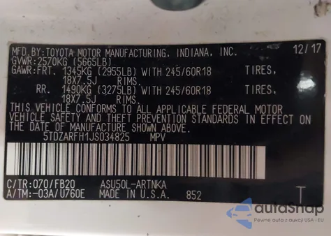 2018 Toyota Highlander Le from USA, damaged, VIN 5TDZARFH1JS034825